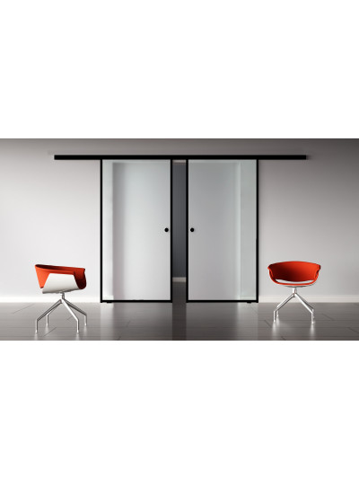 Glasschiebetür Loft-Style Design Vollsatiniert (V) SlimLine-Beschlag Komplettset 2 Scheiben